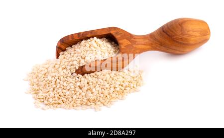 Semi di sesamo in paletta di legno, isolati su sfondo bianco. Semi secchi di sesamo organici. Foto Stock