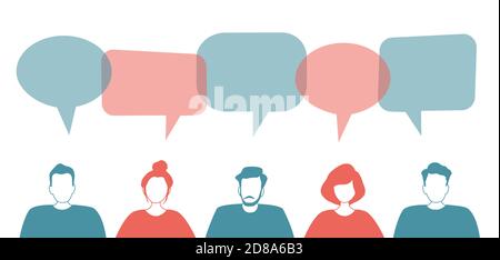 Comunicazione di uomini e donne. Comunità di giovani. Icone delle persone con bolle vocali. Illustrazione vettoriale Illustrazione Vettoriale