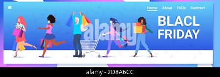 mix di donne di razza in maschera di corsa con borse per la spesa nero venerdì grande vendita coronavirus quarantena concetto lunghezza intera vettore orizzontale illustrazione Illustrazione Vettoriale