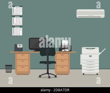 Sala ufficio di colore verde. Luogo di lavoro per il lavoratore in ufficio con mobili. C'è una scrivania, una sedia, un telefono, una stampante, aria condizionata, fotocopiatrice Illustrazione Vettoriale