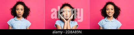 collage di carino capretto afro-americano che mostra le emozioni isolate su rosa Foto Stock