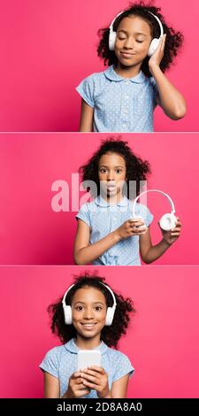 collage di scioccato e sorridente carino ricciolo afroamericano con cuffie e smartphone isolati in rosa Foto Stock