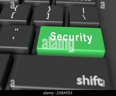 Concetto di sicurezza. Pulsante protezione parola attivata della tastiera del computer. rendering 3d Foto Stock