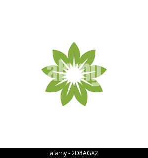 Icona verde piatta di girasole con 9 petali affilati. Isolato su bianco. Illustrazione semplice vettoriale. Stile ecologico. Simbolo del fiore della natura. Illustrazione Vettoriale