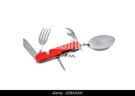 Multi-utensile da viaggio con forchetta, cucchiaio e apriscatola, set multifunzione, coltello multiuso con set accessori da viaggio e turismo, cucchiaio e forchetta per turisti, Foto Stock