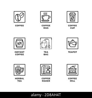 Set vettoriale di elementi di design, modello di logo, icone e badge per caffè e tè. Set di icone di linea, tratto modificabile. Illustrazione Vettoriale