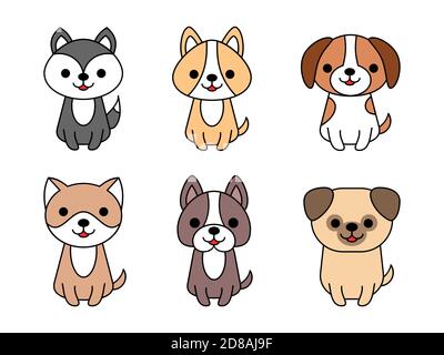 Carino cani set. Pacchetto di sei cani. Raccolta razze di cani. Cartoon kawaii cuccioli. Husky, Corgi, Beagle, Akita Inu, Bulldog, Pug. Isolato su bianco Illustrazione Vettoriale