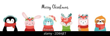 Animali da safari natalizi carini. Sloth, lama, coniglio, orso polare. Allegri animali natalizi che indossano abiti caldi, maglione, sciarpa e cappelli Illustrazione Vettoriale
