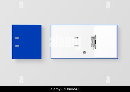 Vector 3d chiuso e aperto Blu realistico Binder Set vuoto per ufficio con anelli in metallo e foglio di carta A4 Closeup isolato su sfondo bianco. Design Illustrazione Vettoriale