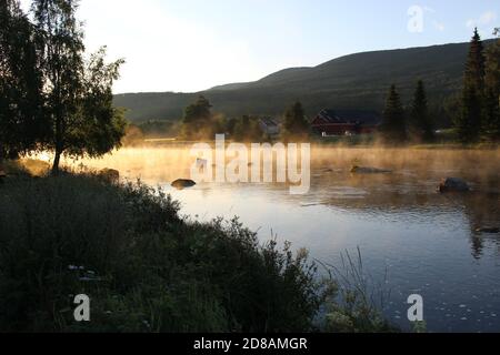 Nebbia di mattina presto sopra il fiume Ustaelva, nella campagna della metà della Norvegia, Europa. Vicino al Parco Nazionale di Hallingskarvet. Foto Stock