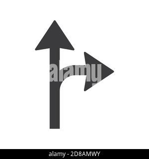 Girare a destra o procedere dritto glifo icona segnaletica stradale illustrazione vettoriale su sfondo bianco. Svolta a destra o procedi dritto con il cartello con l'icona Illustrazione Vettoriale