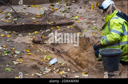 Scavi archeologici di scheletro medievale nel sito di sepoltura, Constitution Street, Leith, Edimburgo, Scozia, Regno Unito durante i lavori di costruzione della linea del tram Foto Stock