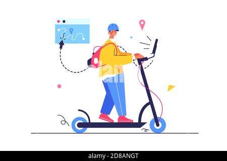 Il ragazzo sta guidando giù la strada su un elettrico scooter Illustrazione Vettoriale