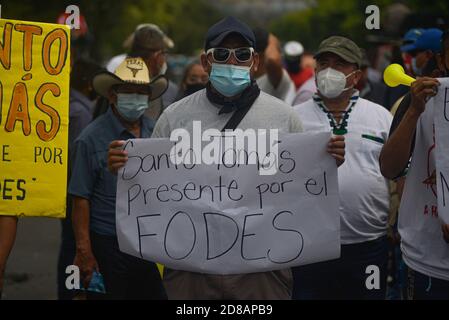 San Salvador, El Salvador. 28 Ott 2020. I manifestanti tengono in mano i segni e il canto durante una protesta che chiede il pagamento del fondo FODES.i pagamenti per oltre 240 milioni di dollari sono ancora stati effettuati dal governo e dai comuni rischiano di perdere l'elettricità e altri servizi municipali. Credit: Camilo Freedman/ZUMA Wire/Alamy Live News Foto Stock