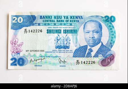 Banca Centrale del Kenya, 20 shilling note con il presidente Daniel Moi nella foto. Banki Kuu Ya Kenya. Foto Stock