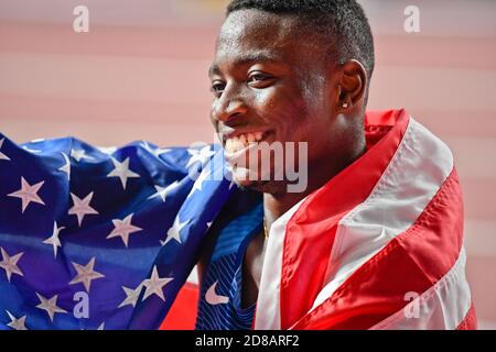 Concessione Holloway (USA), 110 m ostacoli Medaglia d'oro. IAAF mondiale di atletica, Doha 2019 Foto Stock