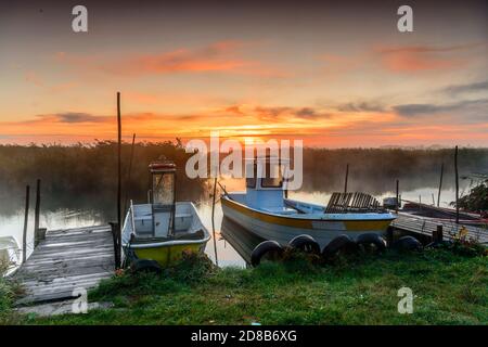 Piccole barche da pesca in piccolo molo a Zalew Wislany in Katy Rybackie Foto Stock