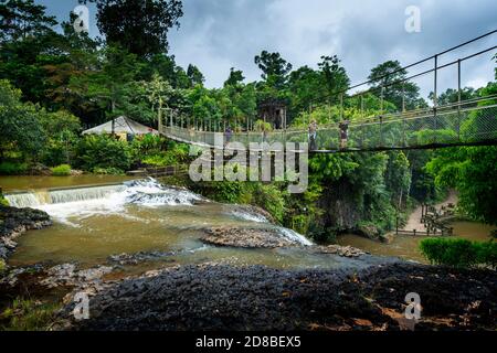 Ponte sospeso sopra le cascate di Mena Creek, Paronella Park, vicino a Innisfail, North Queensland, Australia Foto Stock