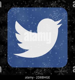 VORONEZH, RUSSIA - 28 NOVEMBRE 2020: Icona di Twitter logo quadrato sullo sfondo di Natale di fiocchi di neve in colori neri Illustrazione Vettoriale