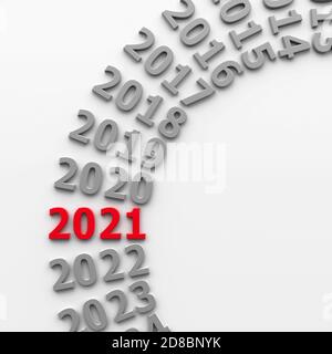 2021 passato nel cerchio rappresenta il nuovo anno 2021, rendering tridimensionale, illustrazione 3D Foto Stock