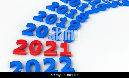 2021 passato nel cerchio rappresenta il nuovo anno 2021, rendering tridimensionale, illustrazione 3D Foto Stock