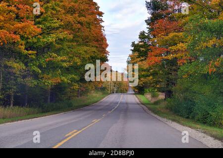 Pellston, Michigan, Stati Uniti. L'autunno scende su un tratto di autostrada vuota nel Michigan occidentale. Foto Stock