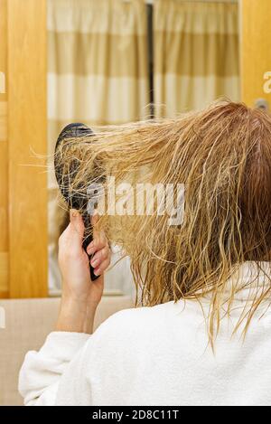 pettinatura bionda bagnati e aggrovigliati. Giovane donna che combatte i capelli aggrovigliati dopo la doccia, primo piano. Foto Stock