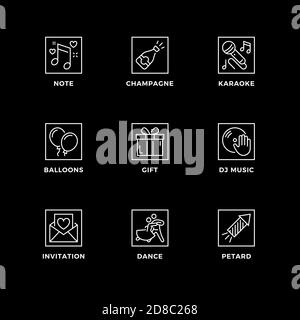 Insieme vettoriale di elementi di design, modello di logo, icone e badge per le feste. Set di icone di linea, tratto modificabile. Illustrazione Vettoriale