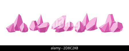 Cristalli rotti in pezzi. Grande set di cristalli di rubino schiacciati. Pietre preziose rotte o rocce rosa. Illustrazione vettoriale in stile cartoon Illustrazione Vettoriale