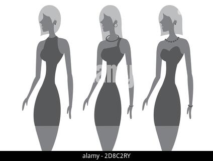 Illustrazione vettoriale di tre donne con acconciature chic e con un piccolo abito nero con diversi scollo. Illustrazione Vettoriale