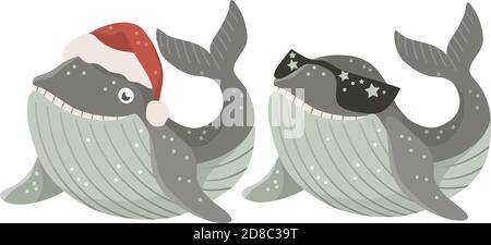Set di balena isolata con cappello rosso santa e occhiali scuri. Illustrazione vettoriale Illustrazione Vettoriale