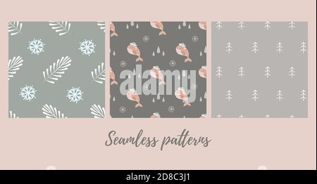 Set di modelli senza giunture natalizie con balena in cappello a santa e con rami invernali e fiocchi di neve . Illustrazione vettoriale Illustrazione Vettoriale