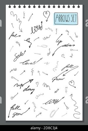 insieme vettoriale di frecce assortite disegnate a mano in stile doodle di schizzo isolate su bianco. lettere scritte a mano con frecce. insieme di elementi frecce per il vostro business design icone infografiche Illustrazione Vettoriale
