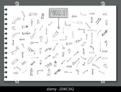 insieme vettoriale di mano disegnare varie frecce in stile doodle schizzo isolato su bianco. raccolta disegnata a mano di elementi freccia per la vostra azienda progettare icone infografiche Illustrazione Vettoriale