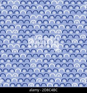 Sfondo astratto del pattern di curva, simpatico vettore ripetizione senza giunture di punti e semi-cerchi. Design geometrico in blu. Illustrazione Vettoriale