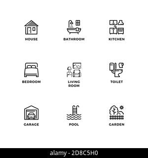 Insieme vettoriale di elementi di design, modello di logo, icone e badge per la casa. Set di icone di linea, tratto modificabile. Illustrazione Vettoriale