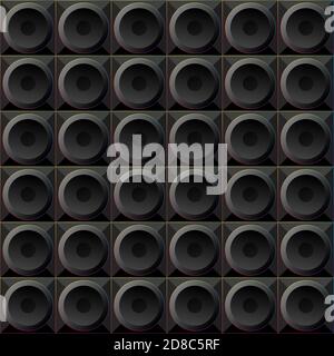 cerchi neri con motivo senza cuciture su quadrati neri in una cornice arcobaleno brillante, altoparlanti da disco stilizzati subwoofer. sfondo nero texture sul tema delle apparecchiature musicali tecniche per i night club Illustrazione Vettoriale
