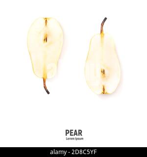 Frutta di pera su sfondo bianco. Raccolta di frutti di pera interi e tagliati a fette. Foto Stock