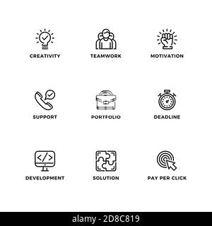 Insieme vettoriale di elementi di progettazione, modello di progettazione del logo, icone e badge per l'avvio. Set di icone di linea, tratto modificabile. Illustrazione Vettoriale
