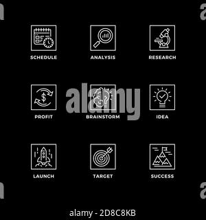 Insieme vettoriale di elementi di progettazione, modello di progettazione del logo, icone e badge per l'avvio. Set di icone di linea, tratto modificabile. Illustrazione Vettoriale