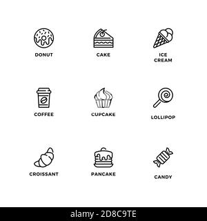 Insieme vettoriale di elementi di design, modello di logo, icone e badge per Sweet-shop. Set di icone di linea, tratto modificabile. Illustrazione Vettoriale