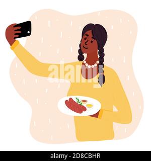 Nero africano donna cibo blogger fare selfie foto con due salsicce e senape e salse ketchup e rosmarino per blog. Ragazza carina con Illustrazione Vettoriale