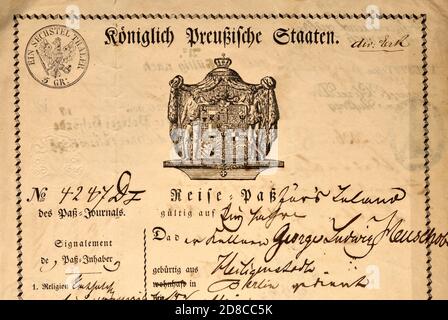 Documento tedesco: Passaporto prussiano (1848/49) con scritta gotica tedesca e dettagli manoscritti Foto Stock