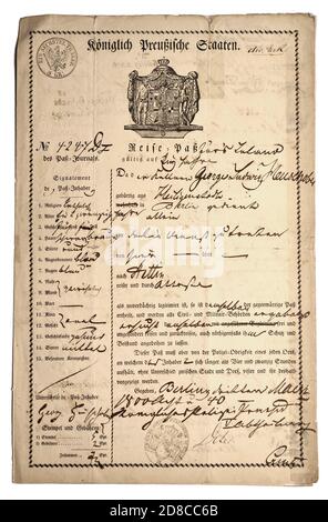 Documento tedesco: Passaporto prussiano (1848/49) con scritta gotica tedesca e dettagli manoscritti Foto Stock