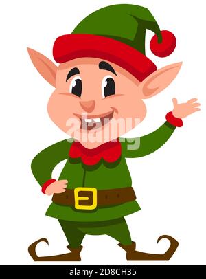 Elfo di Natale sorridente. Carattere divertente in stile cartoon. Illustrazione Vettoriale
