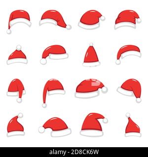 Set di cappelli rossi Babbo Natale isolati su sfondo bianco illustrazione Illustrazione Vettoriale