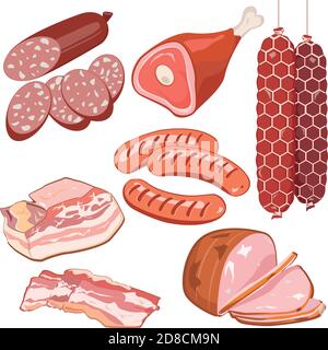 Cartone animato deliziosi prodotti a base di carne. Set di illustrazioni vettoriali. Illustrazione Vettoriale
