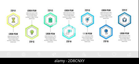 Esagoni vettoriali per infografica con 7 passaggi. Il modello piatto può essere utilizzato per diagrammi, business, web, banner, layout del flusso di lavoro, diagramma di flusso, grafico delle informazioni, timeli Illustrazione Vettoriale