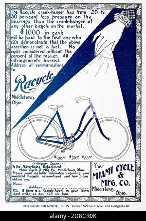 Annunci per biciclette da corsa prodotte dalla Miami Cycling e dalla MFG and Co. Della Middletown Ohio. Apparso in una rivista mensile chiamata 'Uccelli : illustrato da fotografia a colori' una serie mensile. Conoscenza della vita degli uccelli nel 1897. Foto Stock