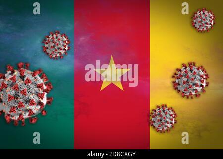 Illustrazione concettuale del Coronavirus o delle particelle di Covid-19 che oscillavano la bandiera del Camerun simboleggiando l'epidemia. Foto Stock